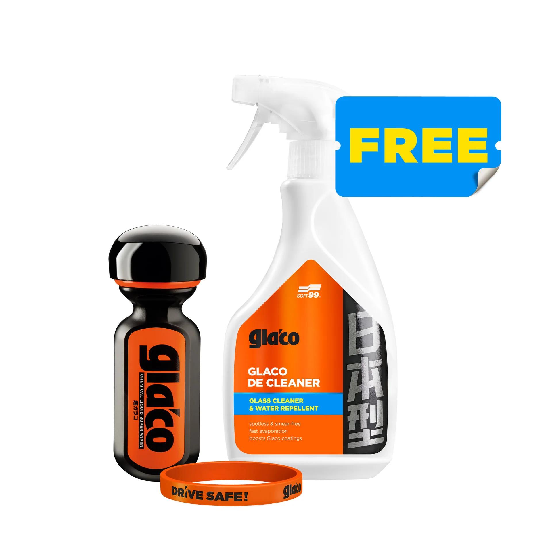Soft99 Drive Safe Set -Ultra Glaco + Glaco De Cleaner 500 ml + náramok Drive Safe – Set pre dokonalú ochranu okien a bezpečnú jazdu 1/5